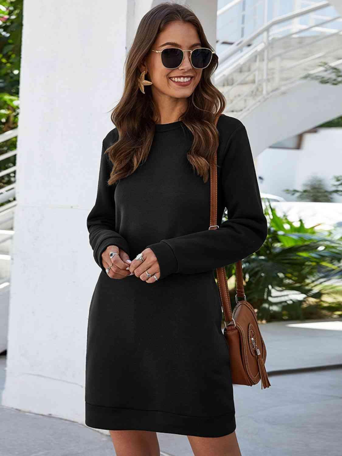 Bona Fide Fashion - Round Neck Long Sleeve Mini Dress with Pockets - Women Fashion - Bona Fide Fashion
