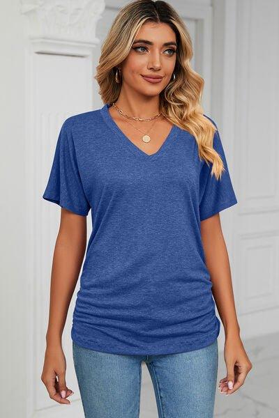 Bona Fide Fashion - Ruched V-Neck Short Sleeve T-Shirt - Women Fashion - Bona Fide Fashion