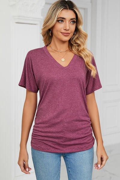 Bona Fide Fashion - Ruched V-Neck Short Sleeve T-Shirt - Women Fashion - Bona Fide Fashion