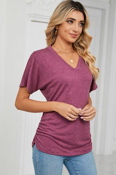 Bona Fide Fashion - Ruched V-Neck Short Sleeve T-Shirt - Women Fashion - Bona Fide Fashion