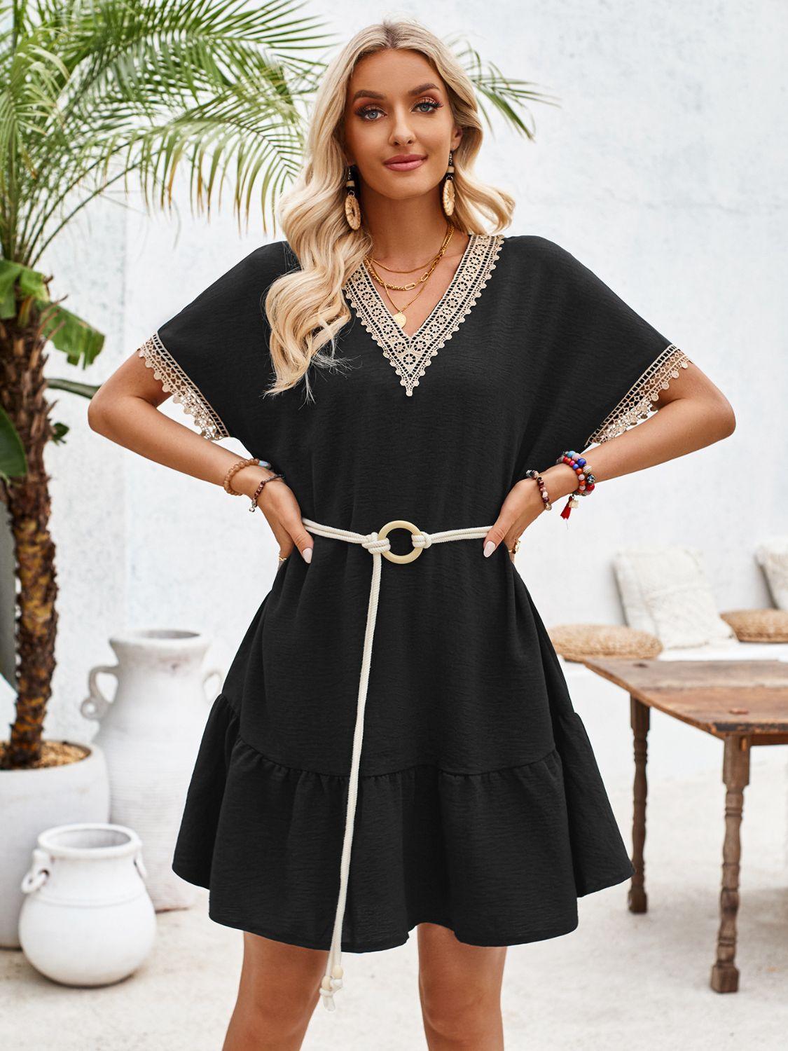 Bona Fide Fashion - Ruffled V-Neck Half Sleeve Mini Dress - Women Fashion - Bona Fide Fashion