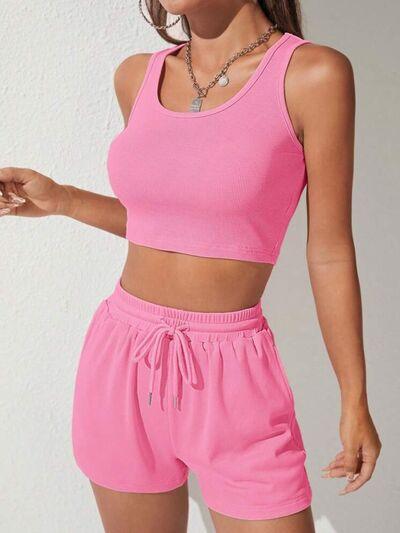 Bona Fide Fashion - Scoop Neck Wide Strap Top and Drawstring Shorts Set - Women Fashion - Bona Fide Fashion