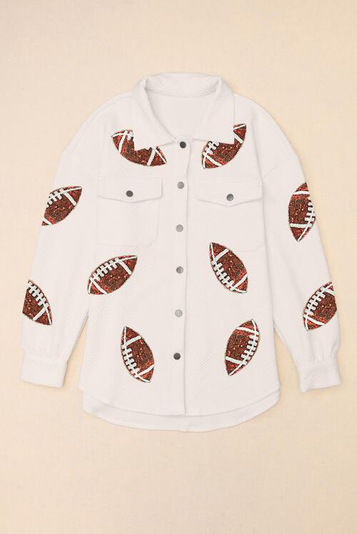 Bona Fide Fashion - Sequin Football Patch Collared Neck Snap Button Jacket - Women Fashion - Bona Fide Fashion