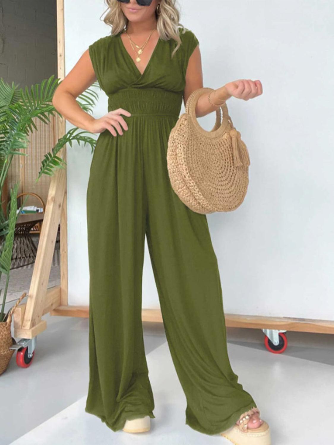 Bona Fide Fashion - Smocked Cap Sleeve Wide Leg Jumpsuit - Women Fashion - Bona Fide Fashion