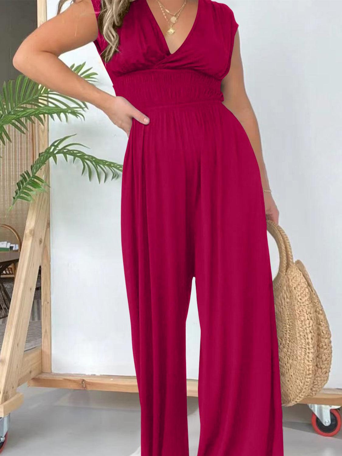 Bona Fide Fashion - Smocked Cap Sleeve Wide Leg Jumpsuit - Women Fashion - Bona Fide Fashion