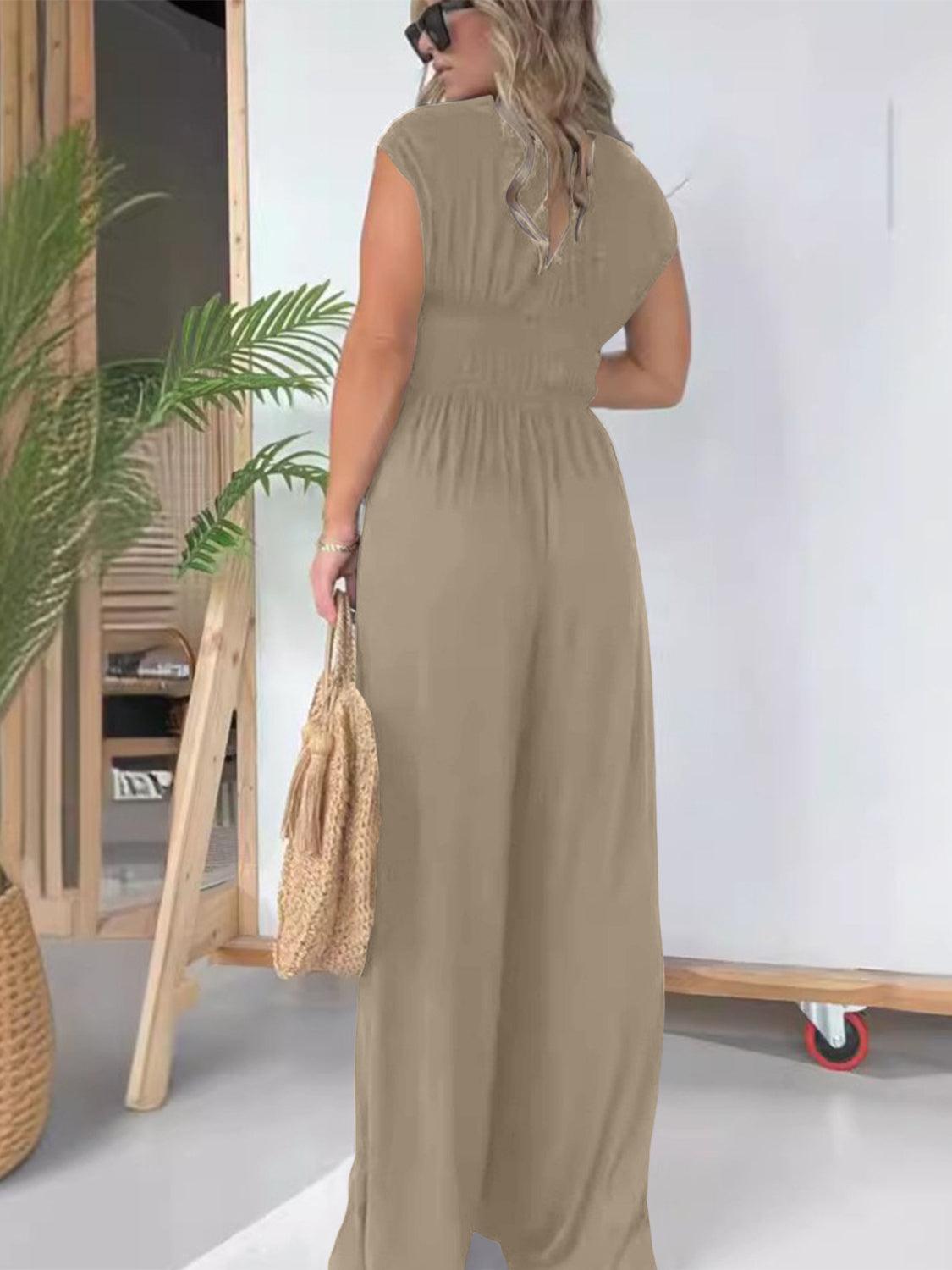 Bona Fide Fashion - Smocked Cap Sleeve Wide Leg Jumpsuit - Women Fashion - Bona Fide Fashion