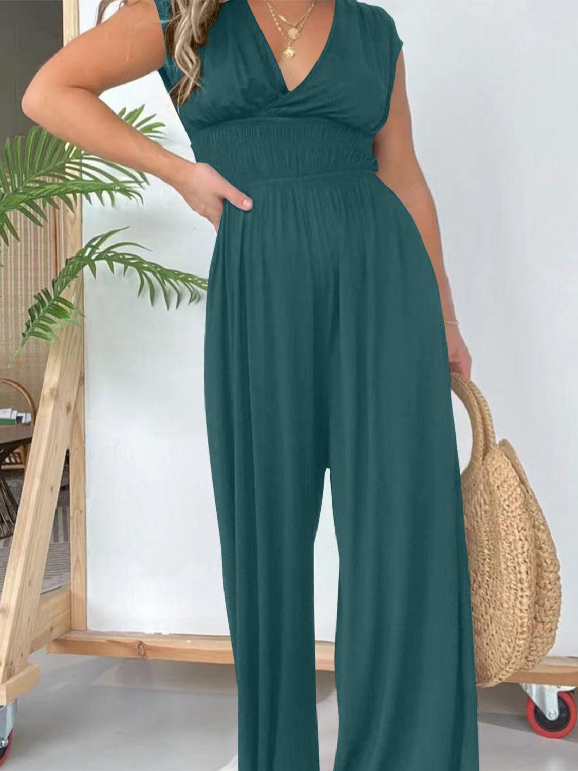 Bona Fide Fashion - Smocked Cap Sleeve Wide Leg Jumpsuit - Women Fashion - Bona Fide Fashion