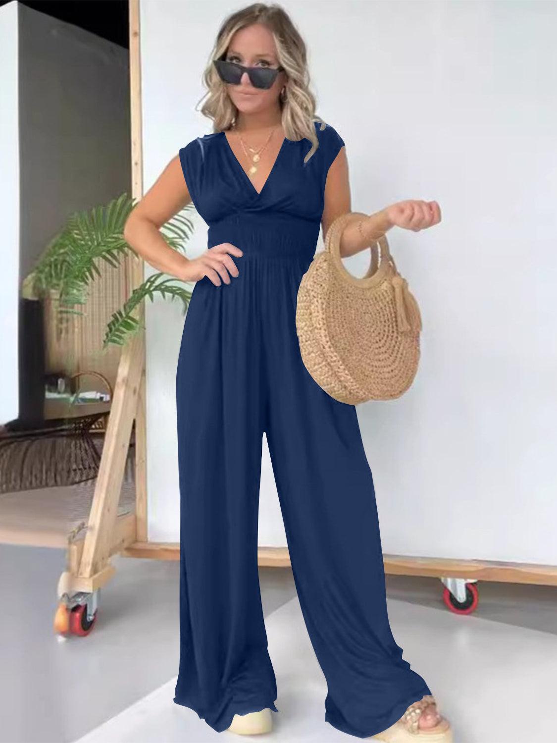 Bona Fide Fashion - Smocked Cap Sleeve Wide Leg Jumpsuit - Women Fashion - Bona Fide Fashion