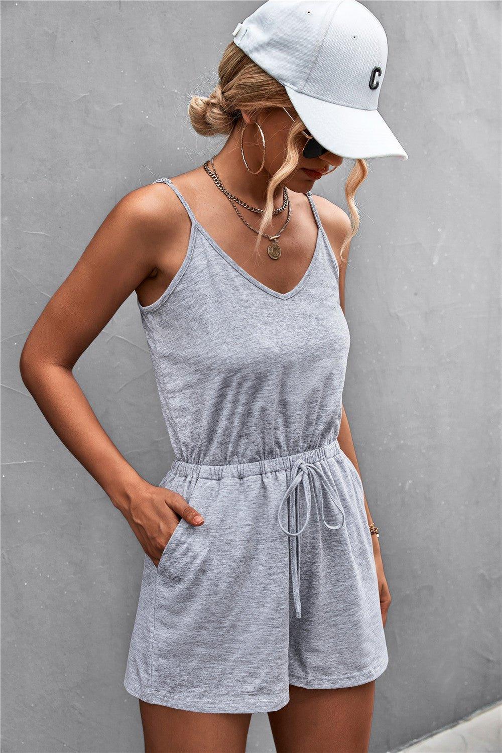 Bona Fide Fashion - Spaghetti Strap V-Neck Pocket Romper - Women Fashion - Bona Fide Fashion