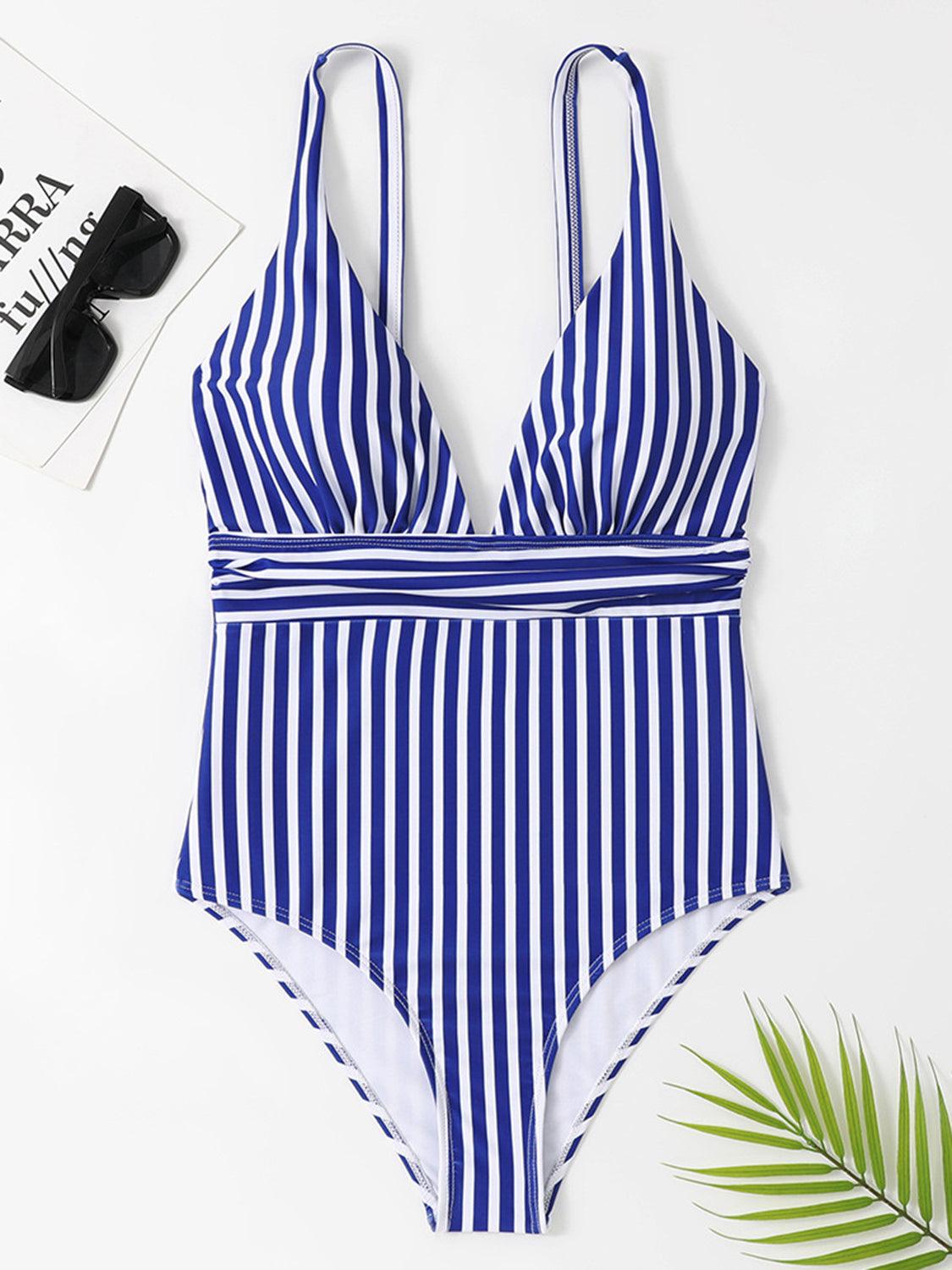 Bona Fide Fashion - Striped Plunge Sleeveless One-Piece Swimwear - Women Fashion - Bona Fide Fashion