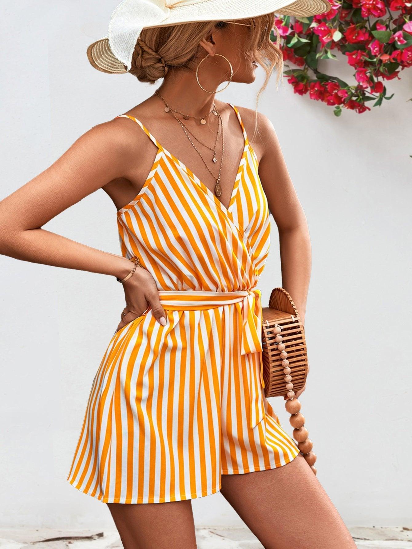 Bona Fide Fashion - Striped Tie Waist Spaghetti Strap Romper - Women Fashion - Bona Fide Fashion