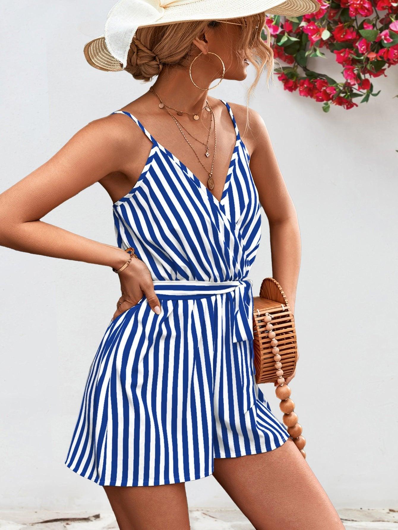 Bona Fide Fashion - Striped Tie Waist Spaghetti Strap Romper - Women Fashion - Bona Fide Fashion