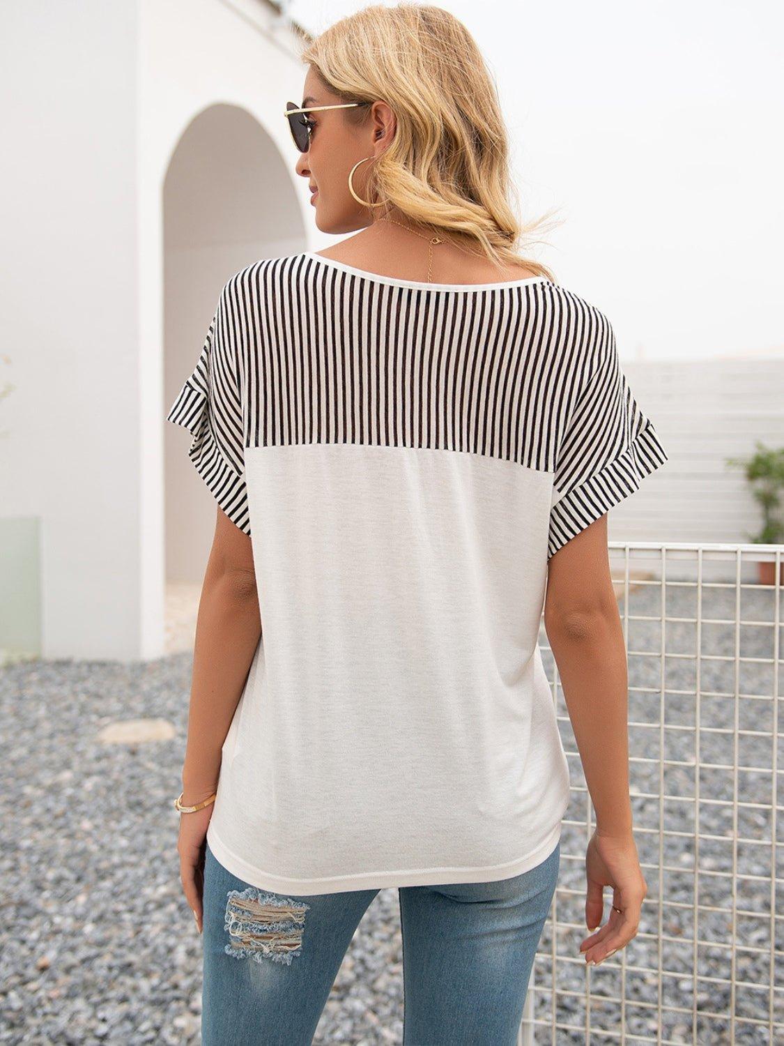 Bona Fide Fashion - Striped V-Neck Short Sleeve T-Shirt - Women Fashion - Bona Fide Fashion