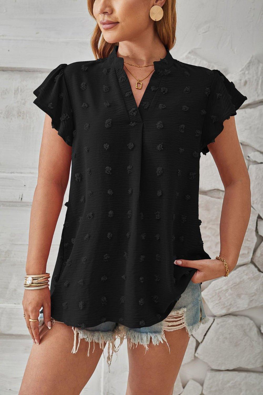 Bona Fide Fashion - Swiss Dot Notched Cap Sleeve T-Shirt - Women Fashion - Bona Fide Fashion