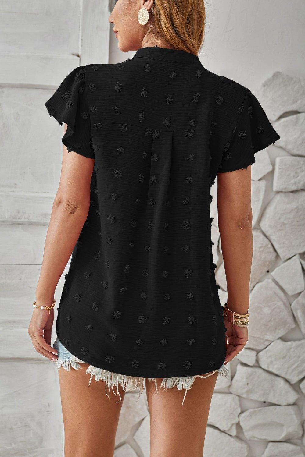 Bona Fide Fashion - Swiss Dot Notched Cap Sleeve T-Shirt - Women Fashion - Bona Fide Fashion