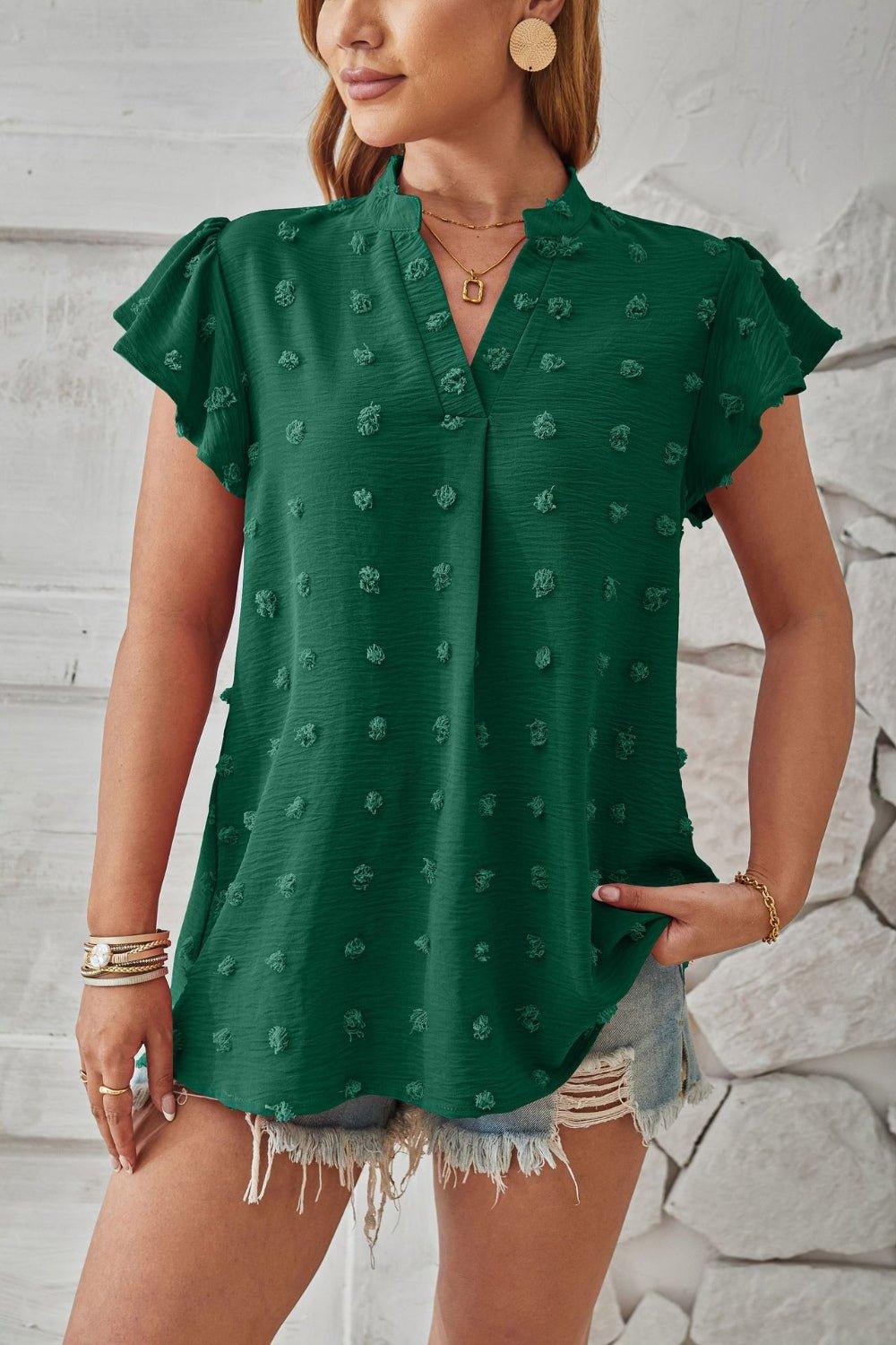 Bona Fide Fashion - Swiss Dot Notched Cap Sleeve T-Shirt - Women Fashion - Bona Fide Fashion