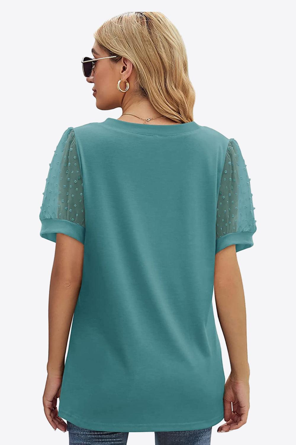 Bona Fide Fashion - Swiss Dot Puff Sleeve V-Neck Tee - Women Fashion - Bona Fide Fashion