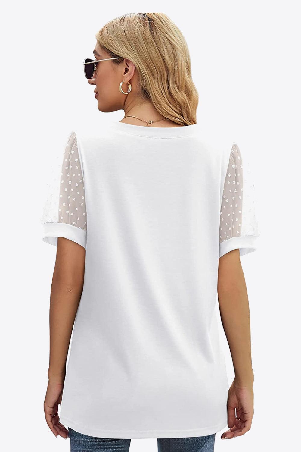 Bona Fide Fashion - Swiss Dot Puff Sleeve V-Neck Tee - Women Fashion - Bona Fide Fashion