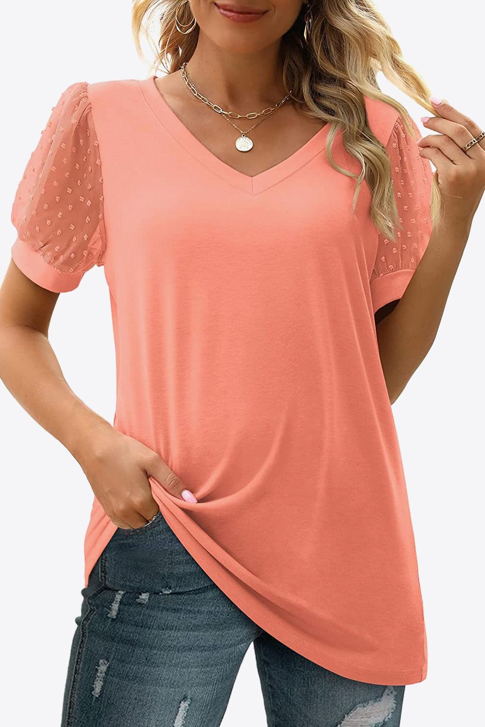 Bona Fide Fashion - Swiss Dot Puff Sleeve V-Neck Tee - Women Fashion - Bona Fide Fashion