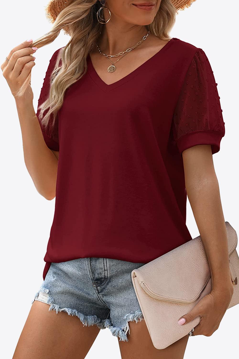 Bona Fide Fashion - Swiss Dot Puff Sleeve V-Neck Tee - Women Fashion - Bona Fide Fashion