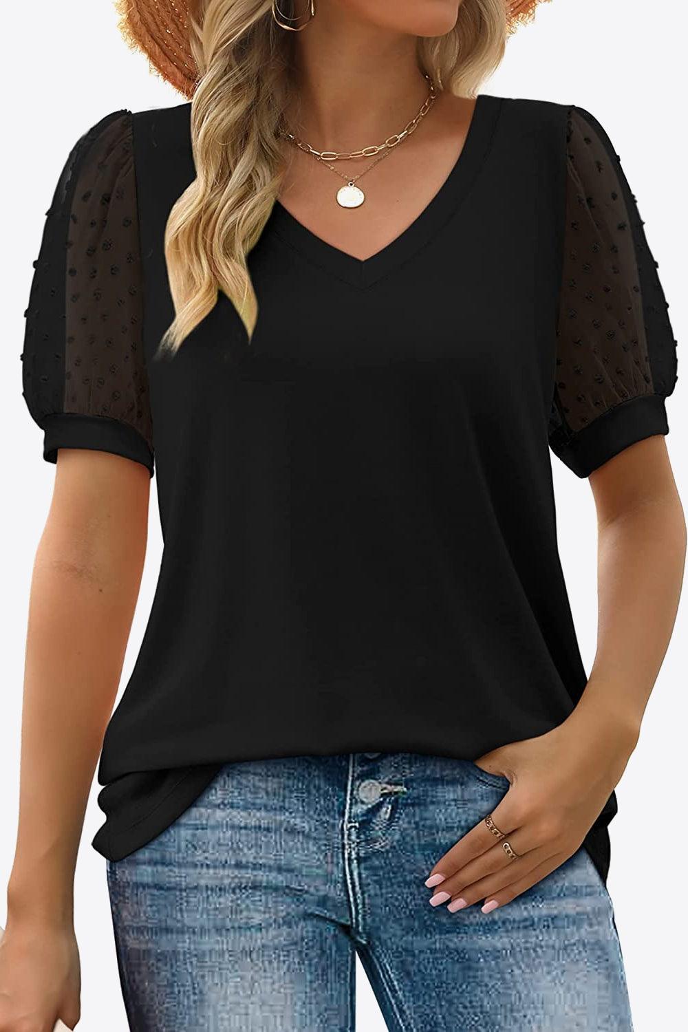 Bona Fide Fashion - Swiss Dot Puff Sleeve V-Neck Tee - Women Fashion - Bona Fide Fashion