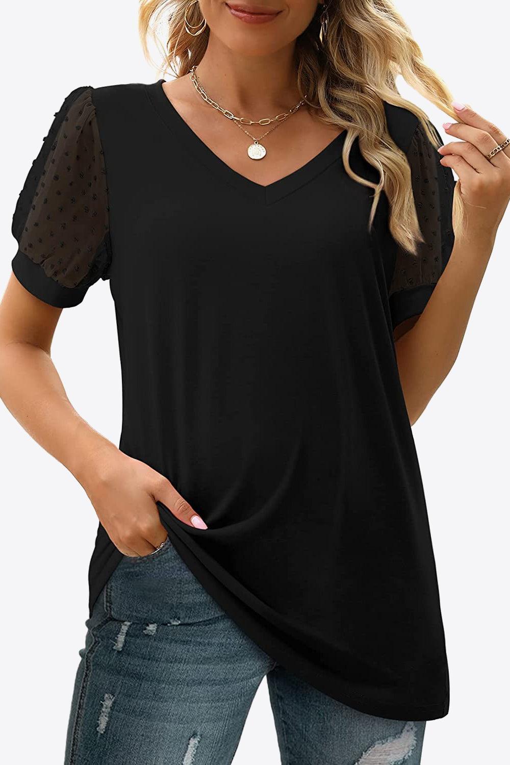 Bona Fide Fashion - Swiss Dot Puff Sleeve V-Neck Tee - Women Fashion - Bona Fide Fashion