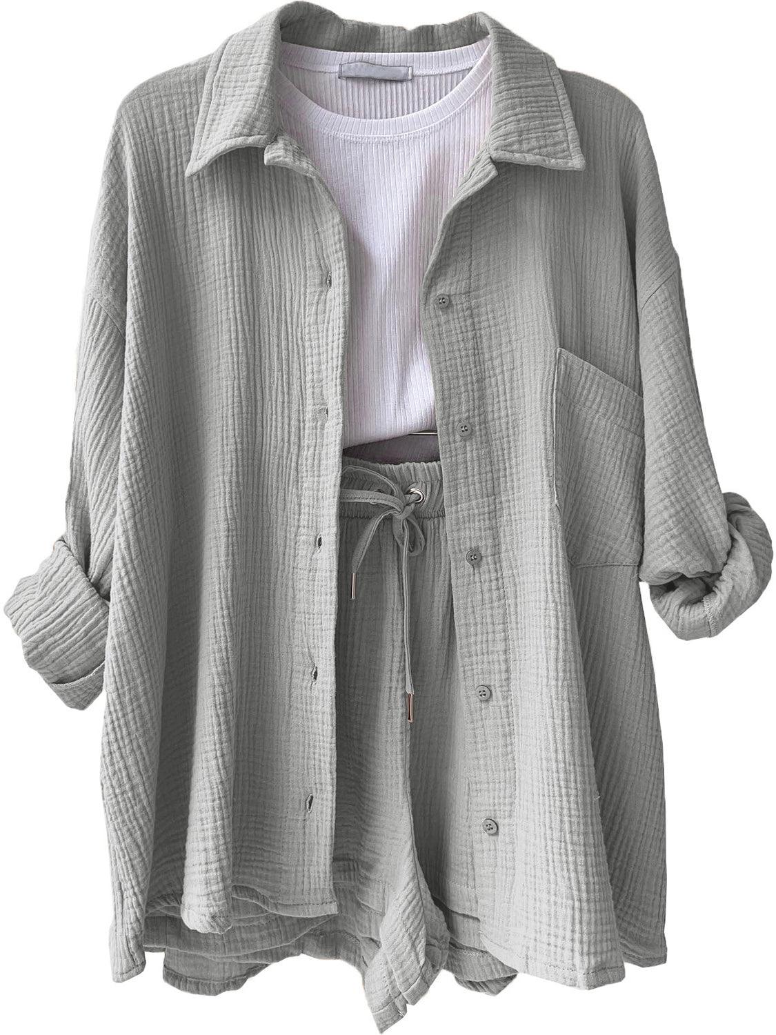 Bona Fide Fashion - Texture Button Up Shirt and Drawstring Bottom Set - Women Fashion - Bona Fide Fashion