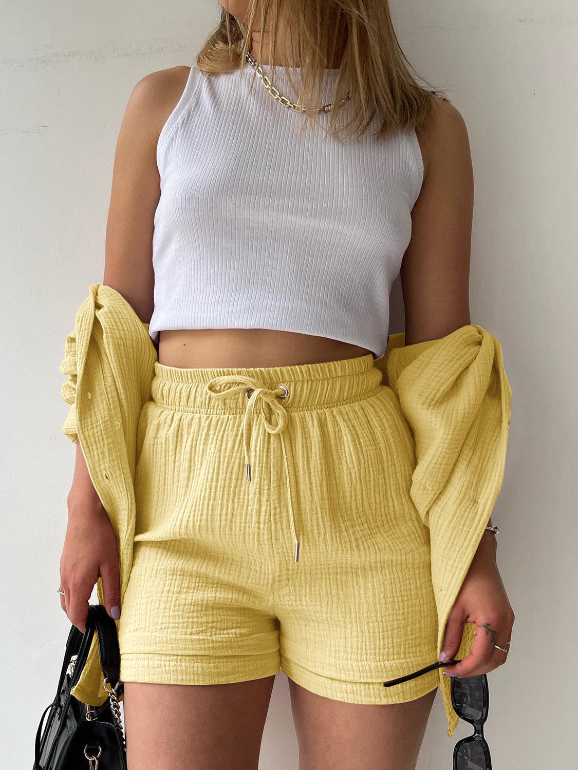 Bona Fide Fashion - Texture Button Up Shirt and Drawstring Bottom Set - Women Fashion - Bona Fide Fashion