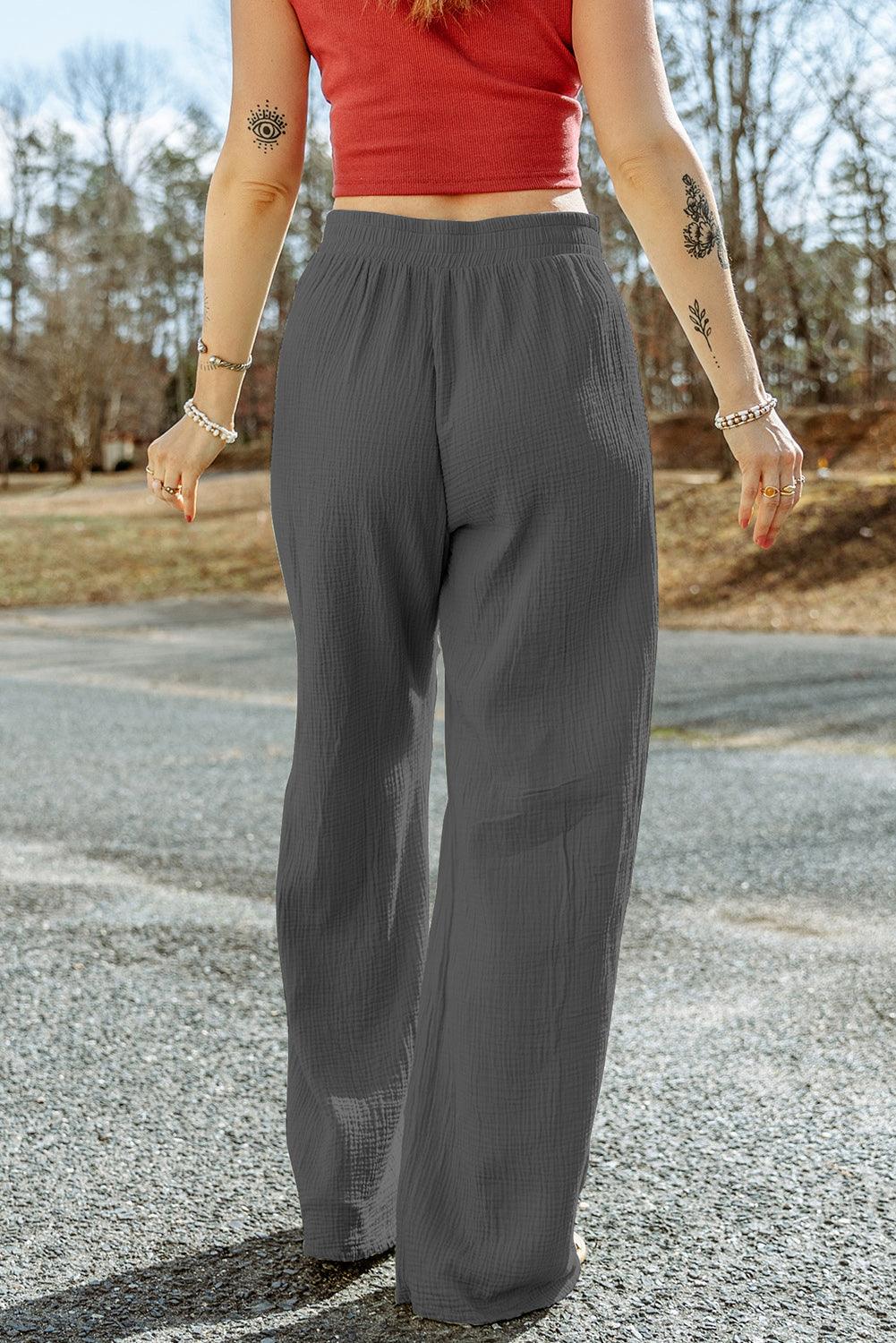 Bona Fide Fashion - Texture Tied Wide Leg Pants - Women Fashion - Bona Fide Fashion