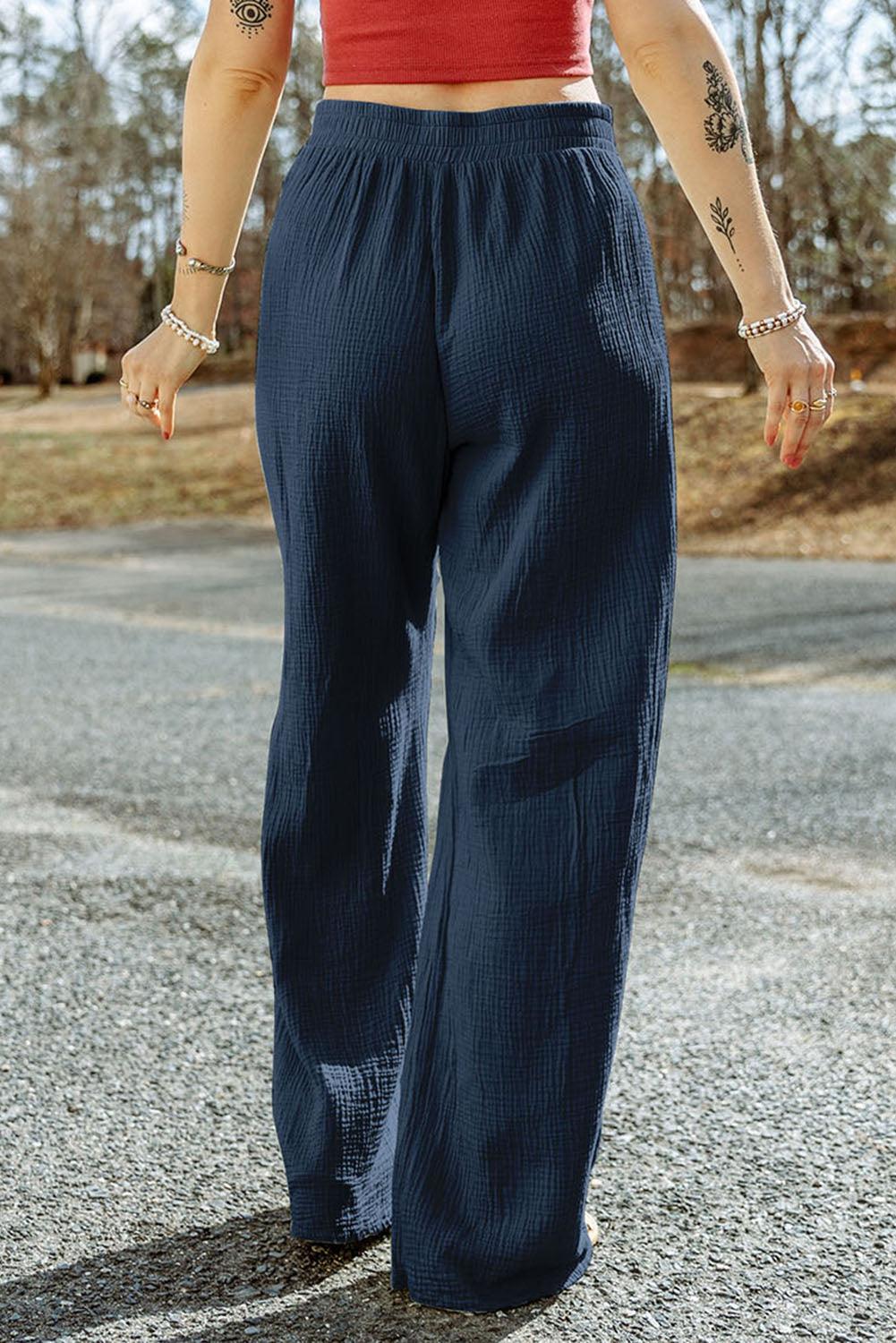 Bona Fide Fashion - Texture Tied Wide Leg Pants - Women Fashion - Bona Fide Fashion