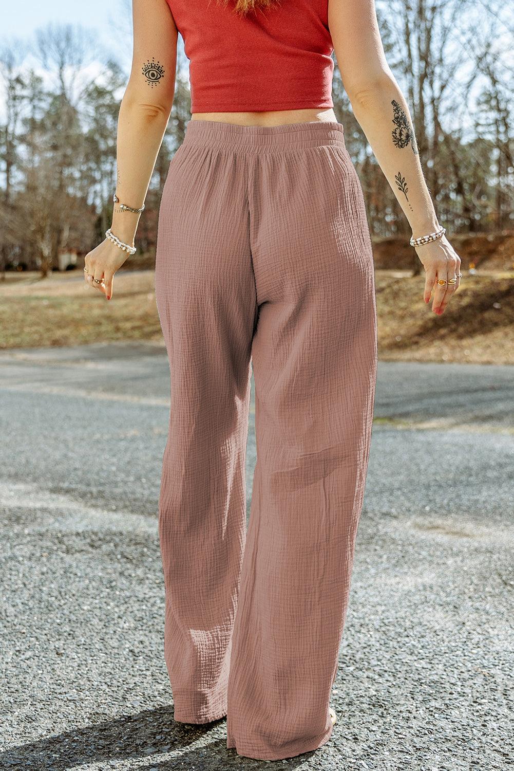 Bona Fide Fashion - Texture Tied Wide Leg Pants - Women Fashion - Bona Fide Fashion