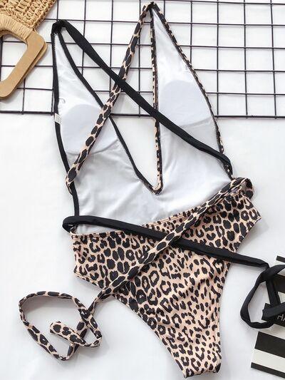 Bona Fide Fashion - Tied Leopard Plunge One-Piece Swimwear - Women Fashion - Bona Fide Fashion