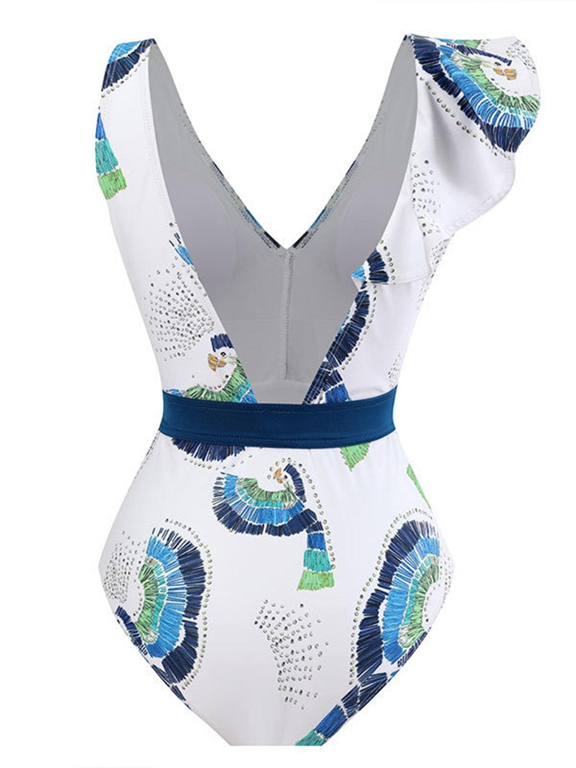 Bona Fide Fashion - Tied Printed V-Neck Sleeveless One-Piece Swimwear - Women Fashion - Bona Fide Fashion