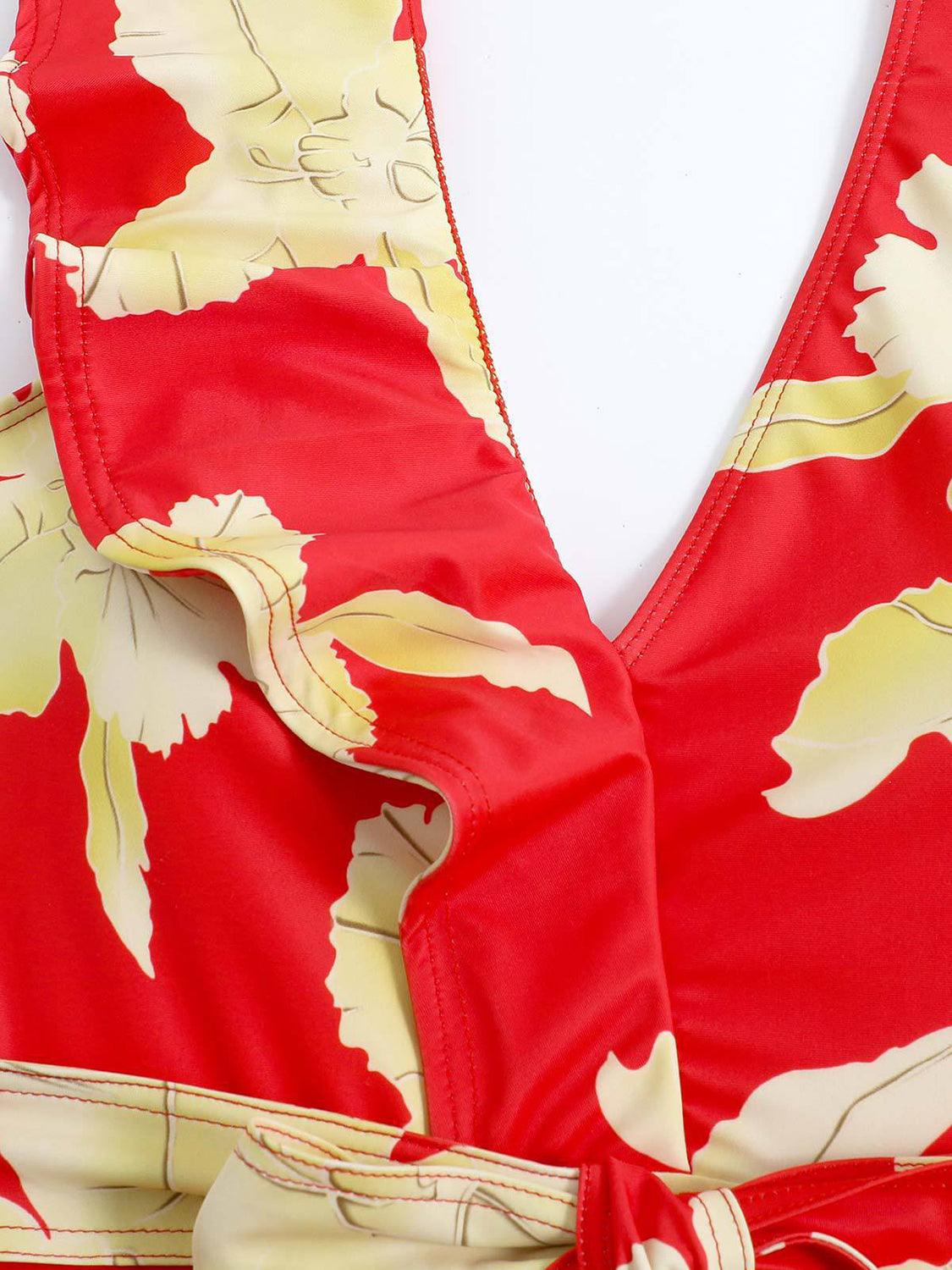 Bona Fide Fashion - Tied Printed V-Neck Sleeveless One-Piece Swimwear - Women Fashion - Bona Fide Fashion