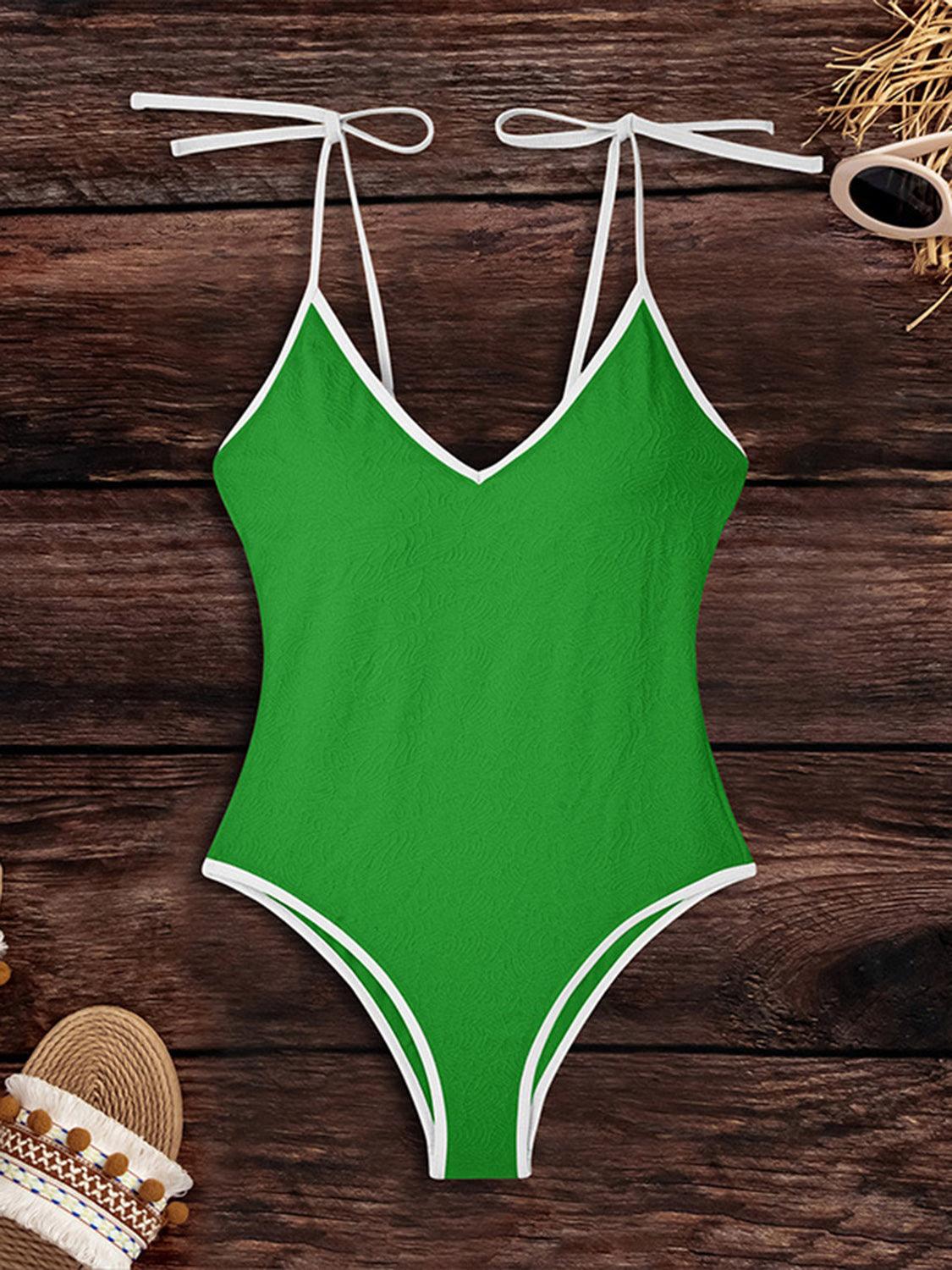 Bona Fide Fashion - Tied V-Neck Spaghetti Strap One-Piece Swimwear - Women Fashion - Bona Fide Fashion