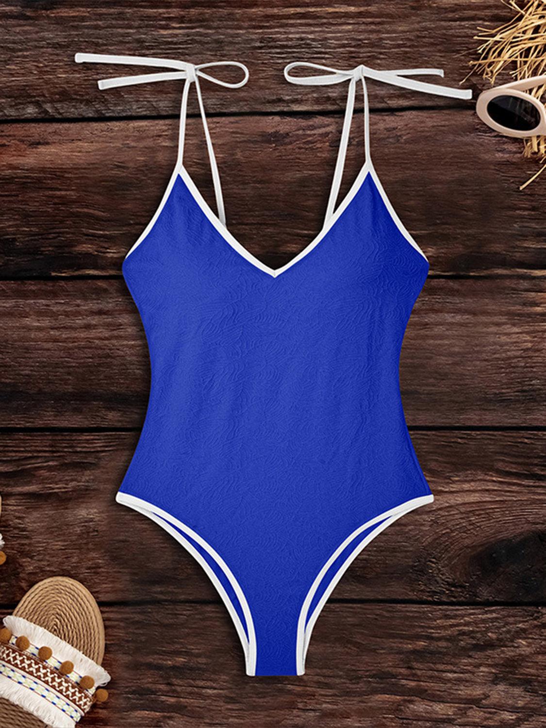 Bona Fide Fashion - Tied V-Neck Spaghetti Strap One-Piece Swimwear - Women Fashion - Bona Fide Fashion