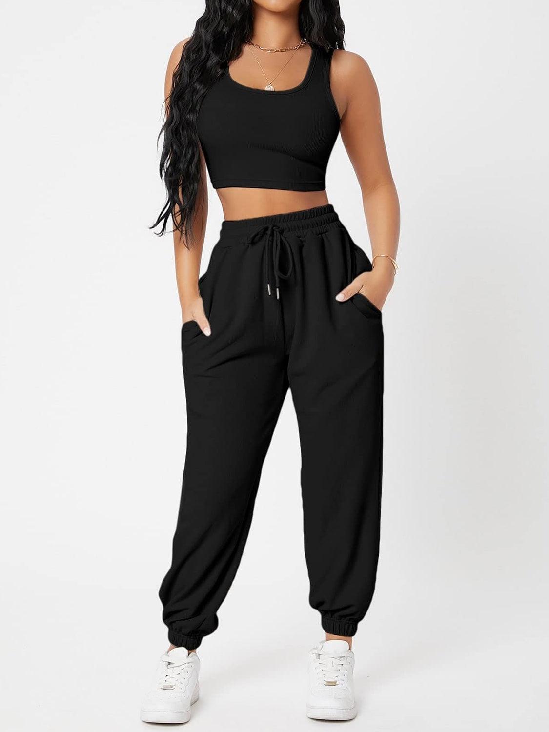 Bona Fide Fashion - Wide Strap Top and Drawstring Joggers Set - Women Fashion - Bona Fide Fashion