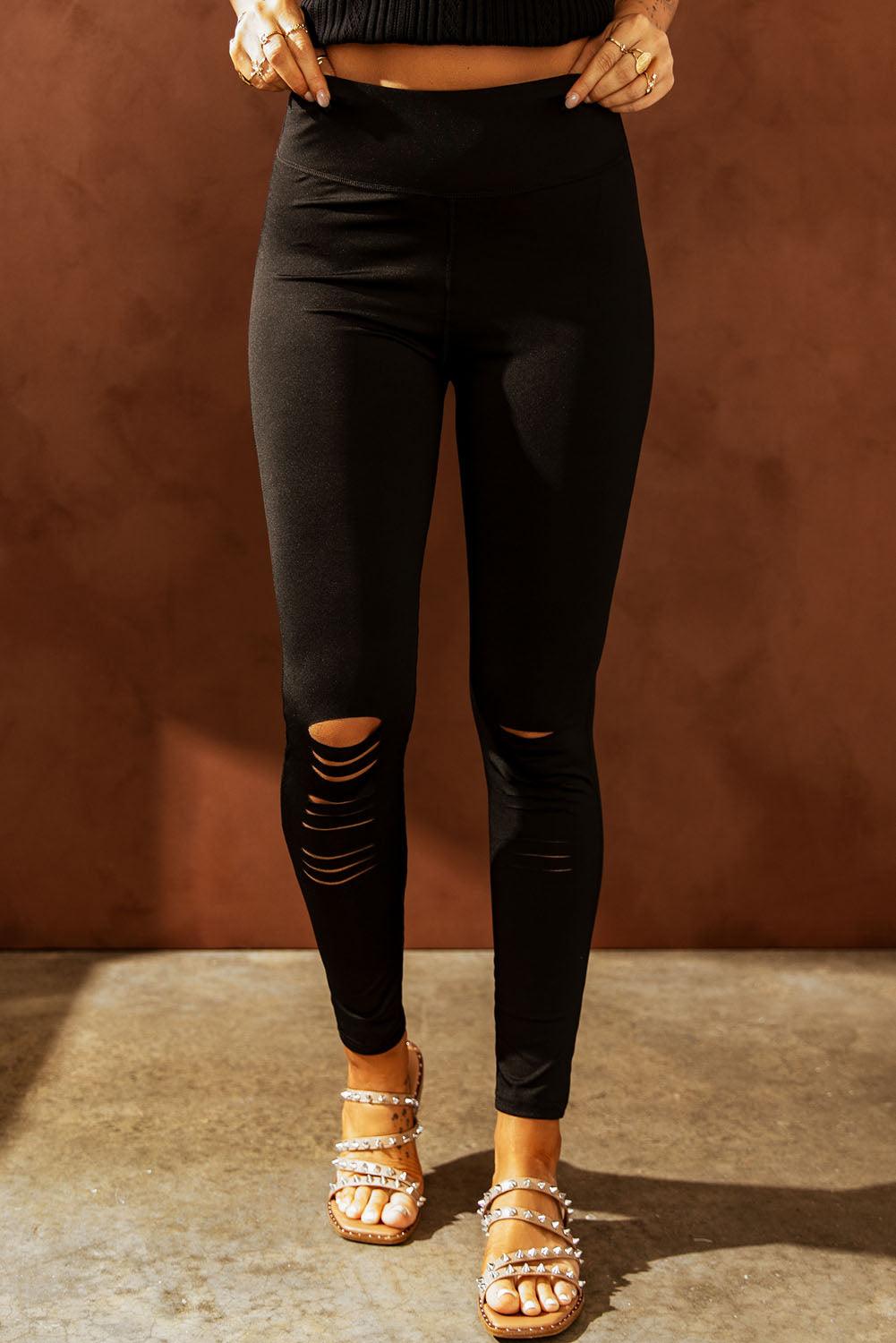 Bona Fide Fashion - Wide Waistband Distressed Slim Fit Leggings - Women Fashion - Bona Fide Fashion