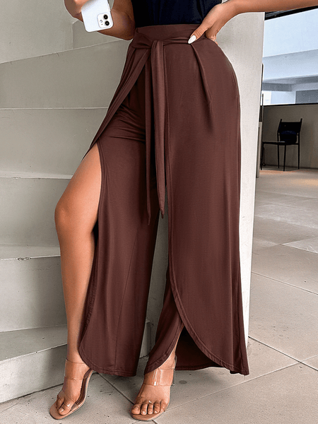 Bona Fide Fashion - Women's High Waisted Lace Up Wide Leg Split Pants Trousers - Women Fashion HY69E4ZBKP - Bona Fide Fashion
