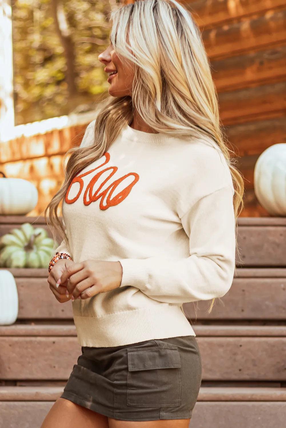 BOO Round Neck Long Sleeve Sweater - Bona Fide Fashion