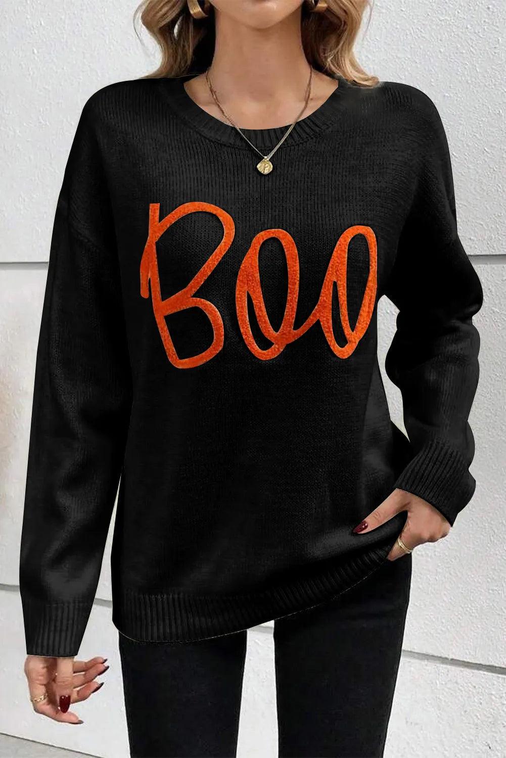 BOO Round Neck Long Sleeve Sweater - Bona Fide Fashion