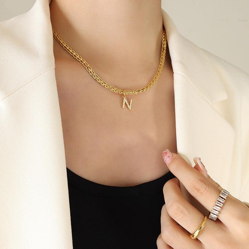 Bona Fide Fashion - Brass Inlaid Zircon Letter Pendant Necklace - Women Fashion - Bona Fide Fashion