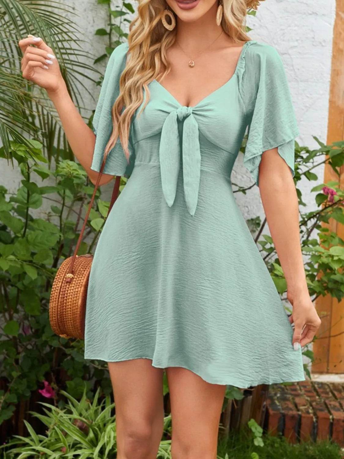 Smocked Back Knotted Flutter Sleeve Dress - Bona Fide Fashion