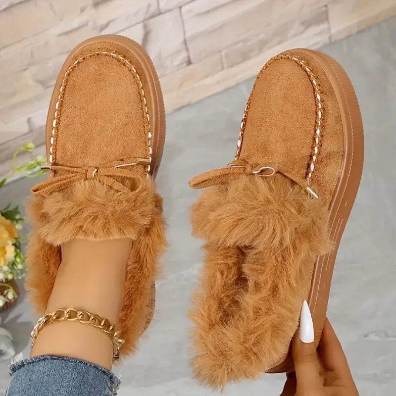 Bow Furry Round Toe Flat Slip-Ons - Bona Fide Fashion