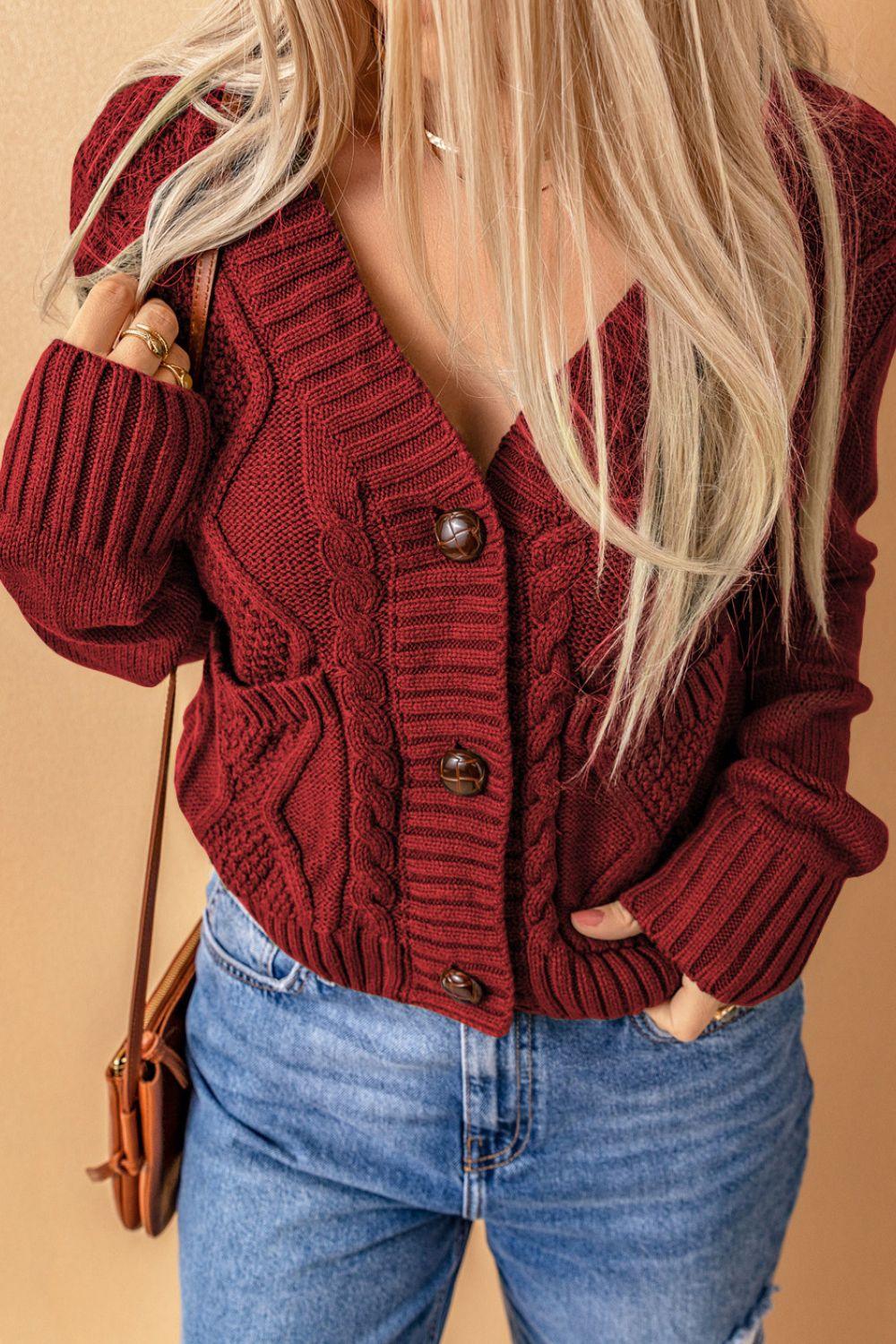 Cable-Knit Button Down V-Neck Cardigan - Bona Fide Fashion