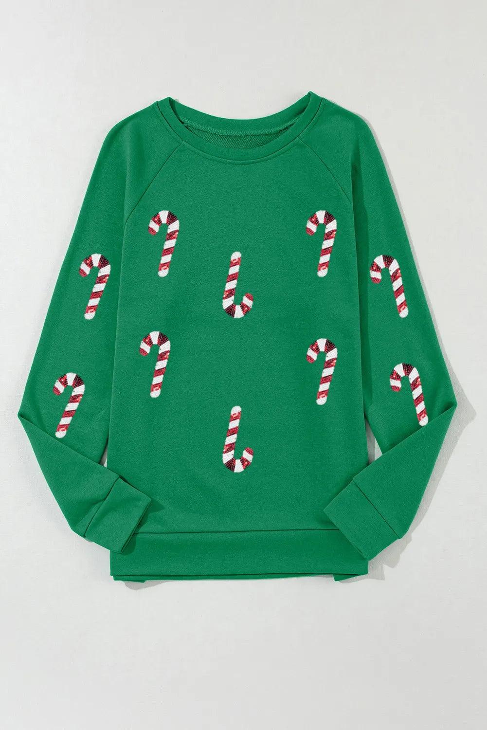 Candy Cane Round Neck Long Sleeve Sweatshirt - Bona Fide Fashion