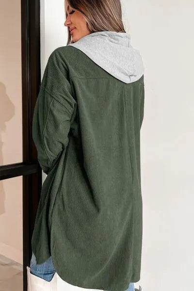 Drawstring Button Up Long Sleeve Hooded Jacket - Bona Fide Fashion