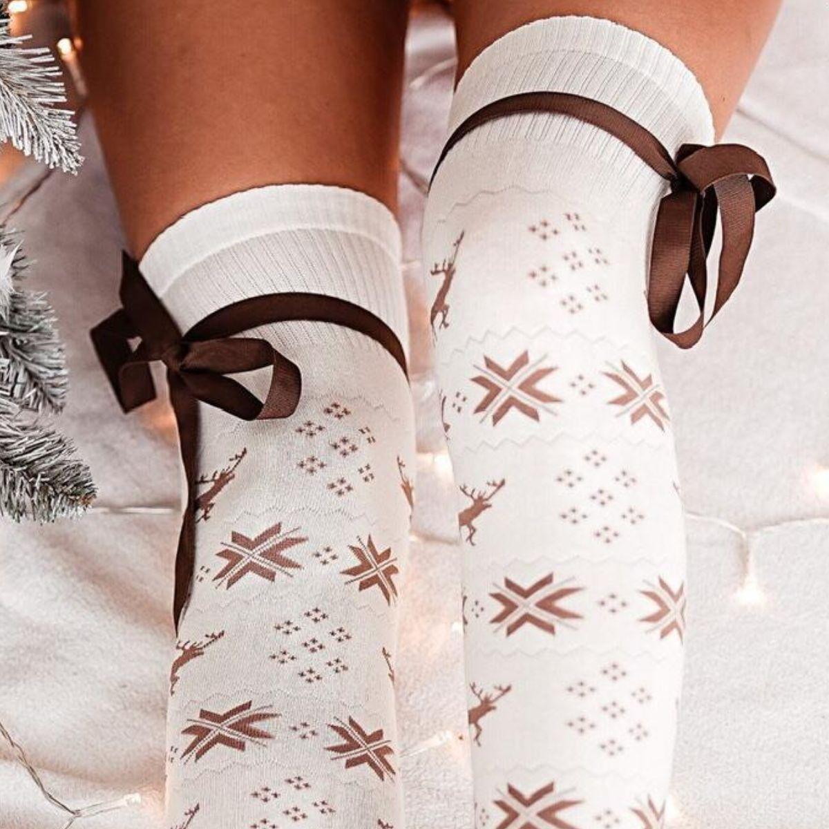 Christmas Element Bowknot Ribbed Trim Over Knee Stockings - Bona Fide Fashion