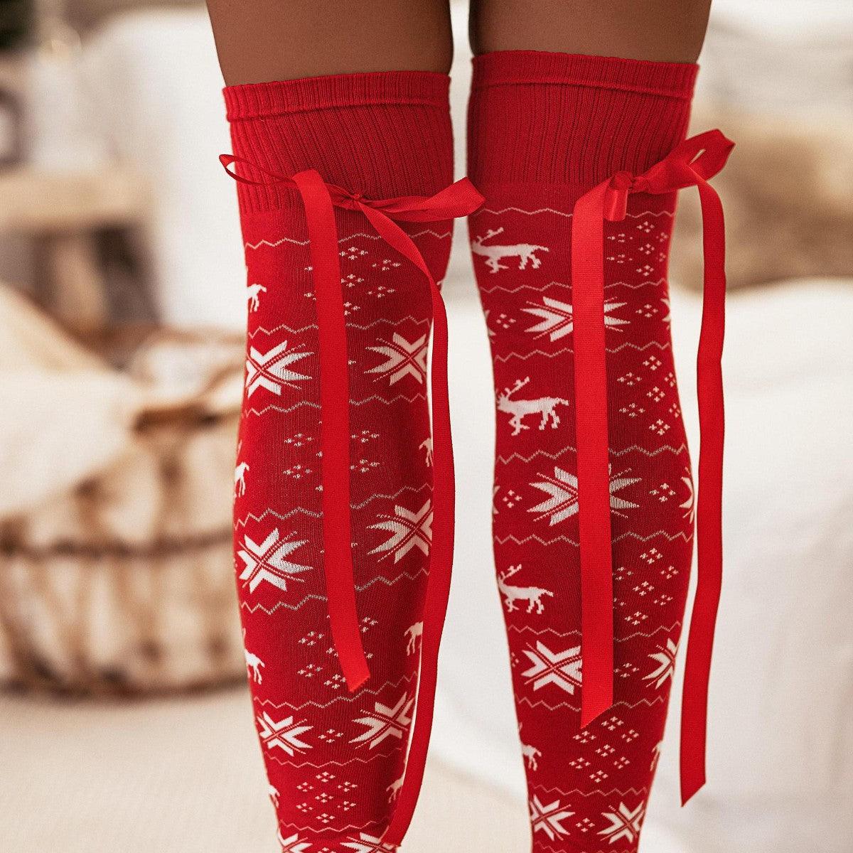 Christmas Element Bowknot Ribbed Trim Over Knee Stockings - Bona Fide Fashion