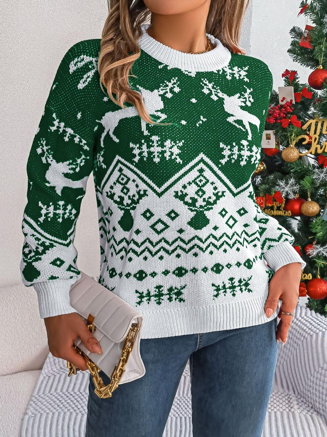 Christmas Element Round Neck Long Sleeve Sweater - Bona Fide Fashion